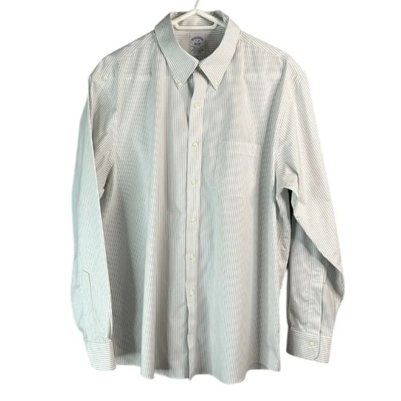 BROOKS BROTHERS Mens Button Down Dress Shirt White Blue Grey Stripe Regular 17 - Picture 2 of 13